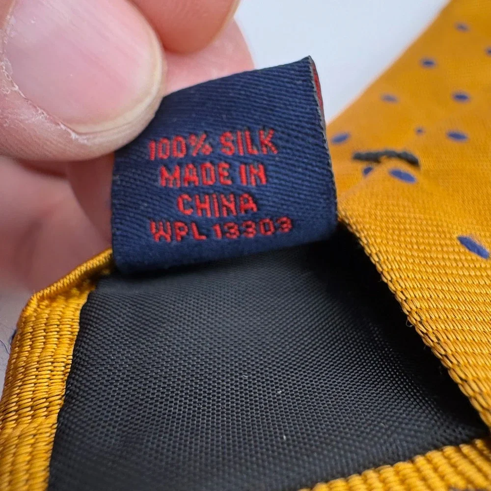 Rooster Mens Silk Necktie‎ Mustard Yellow Blue Polka Dot WPL 13303